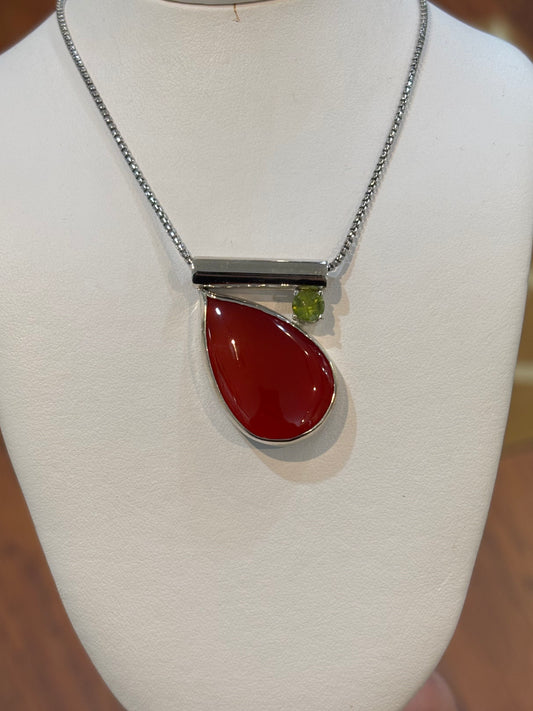 Sterling silver handmade carnelian and peridot slide pendant with chain