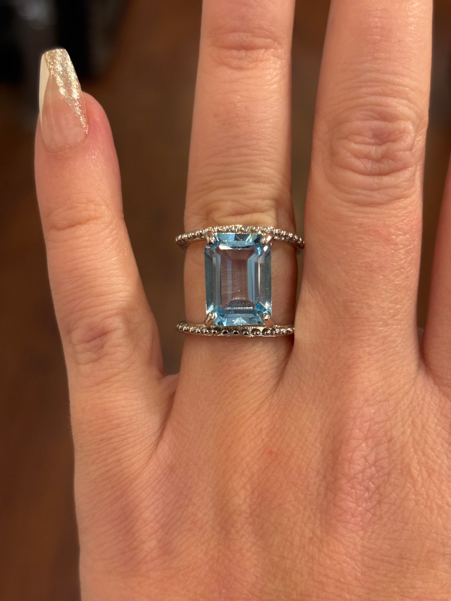 Sterling silver rectangle blue topaz unique double band statement ring