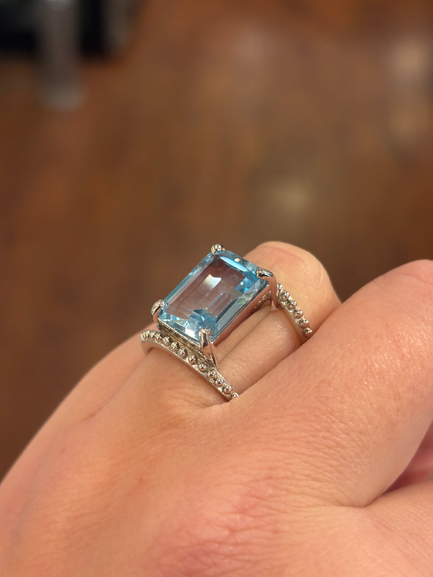 Sterling silver rectangle blue topaz unique double band statement ring