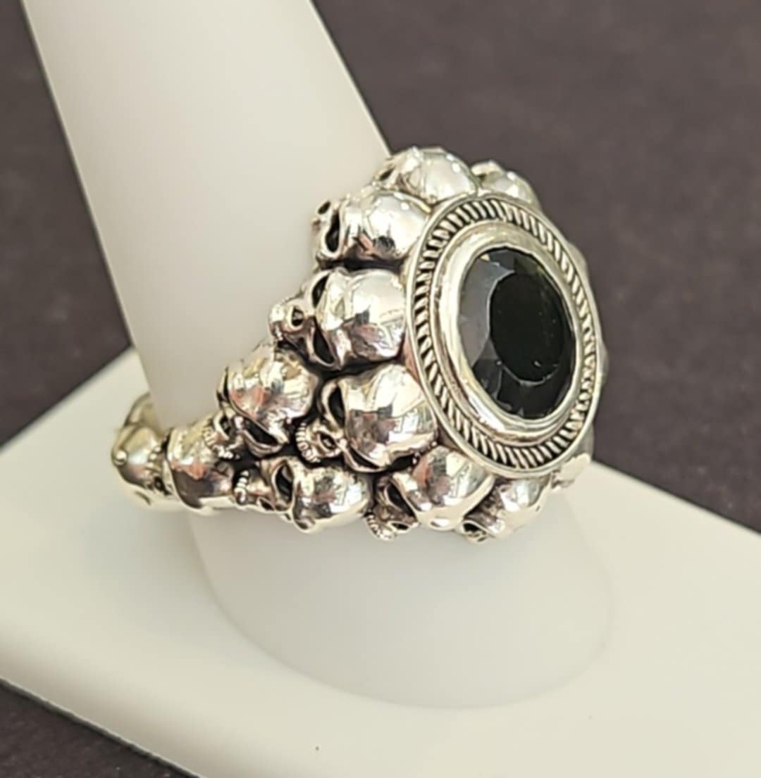Sterling Silver Mens Skull Ring With Moldavite Size 10