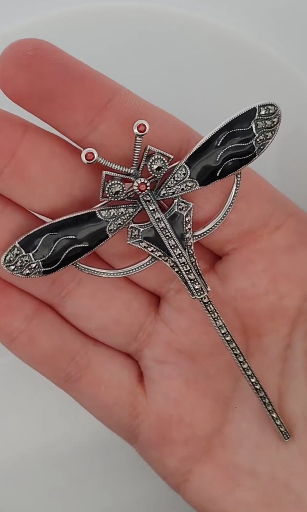 Sterling silver black enamel dragonfly brooch