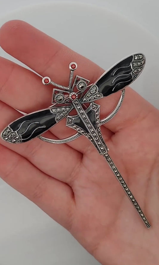 Sterling silver black enamel dragonfly brooch