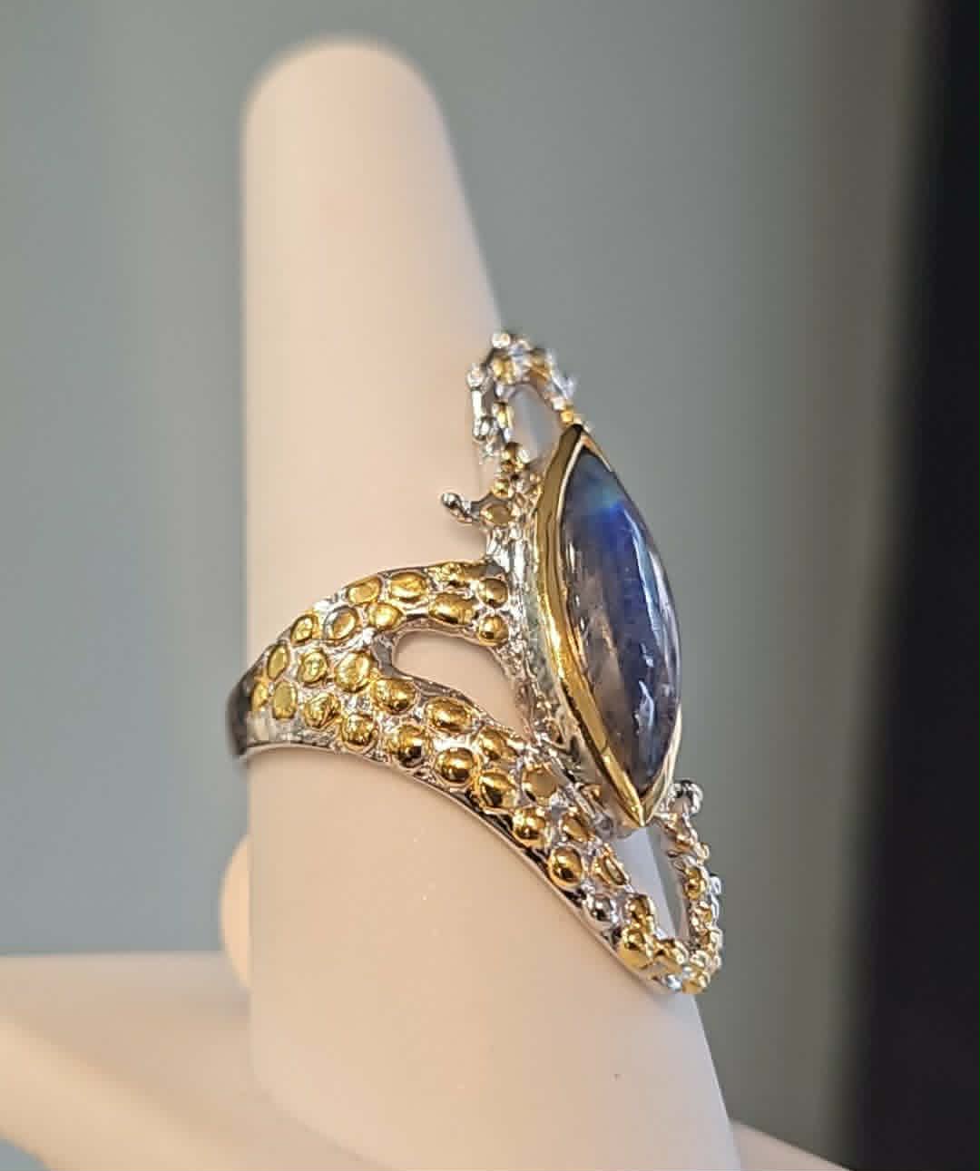 Sterling silver with gold overlay labradorite tentacle ring size 8