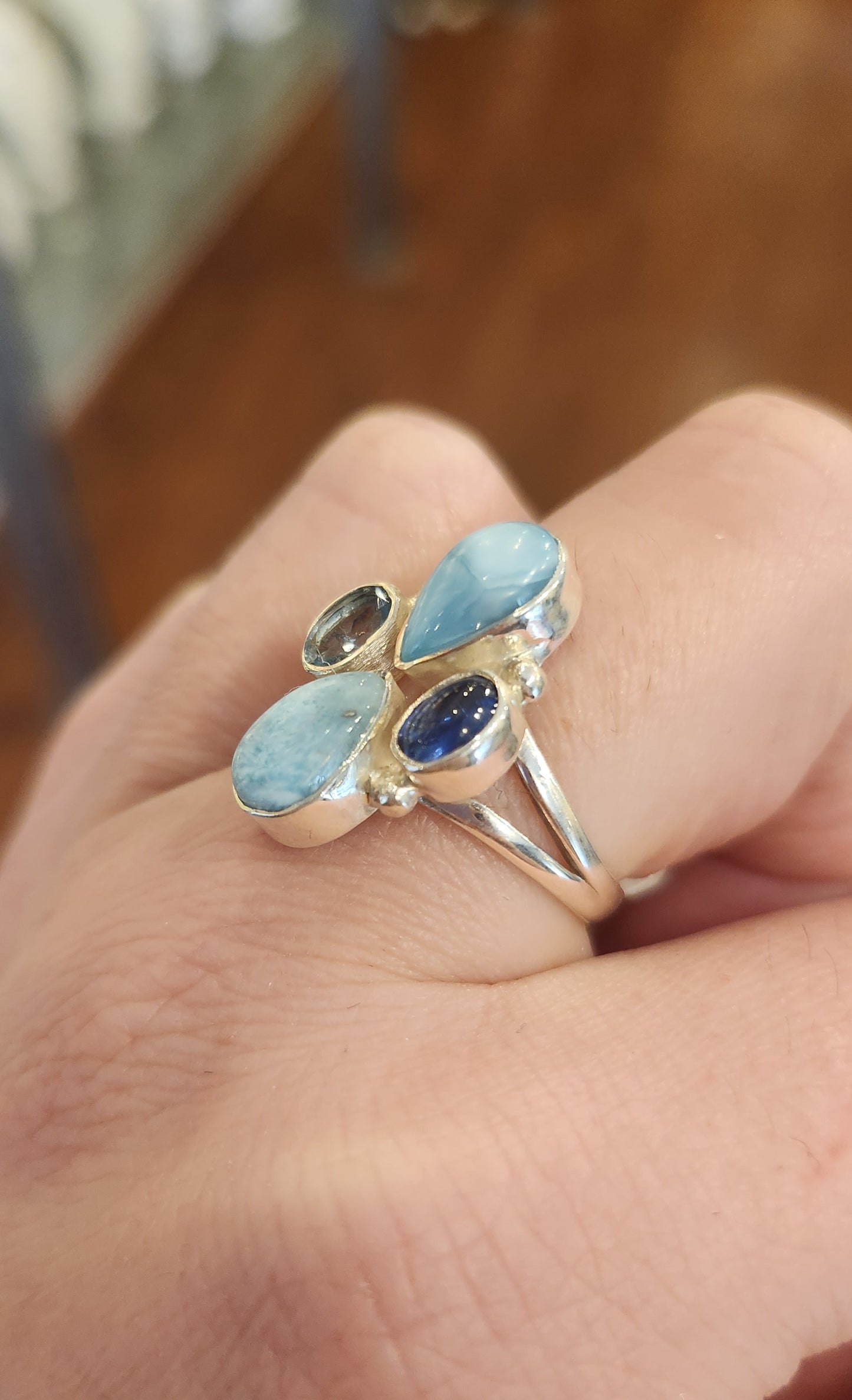 Sterling silver multi stone ring with larimar, blue topaz and blue kyanite