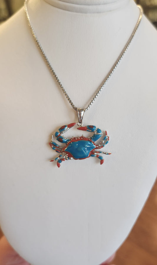 Sterling silver crab pendant with blue & red enamel