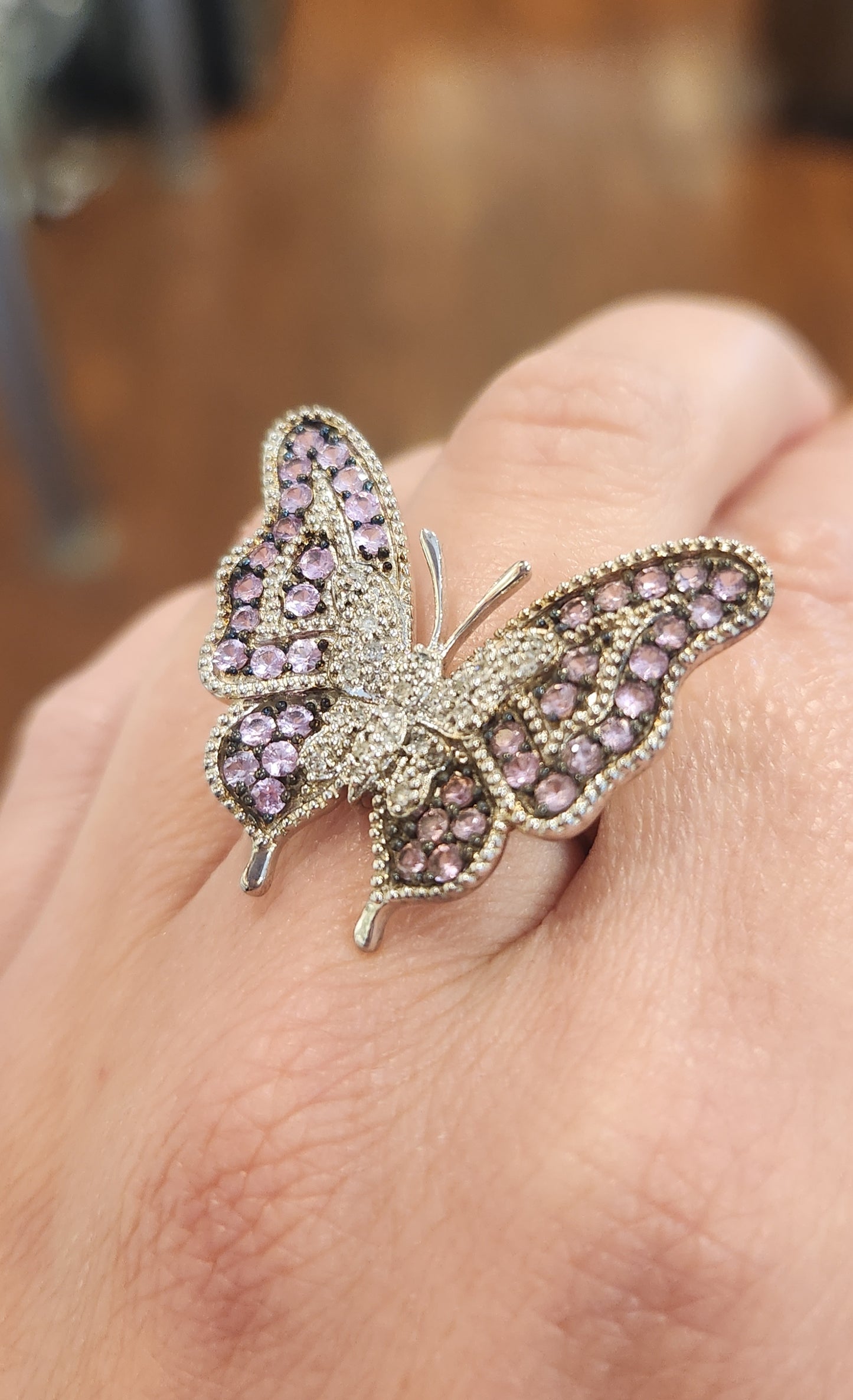 Sterling silver pink tourmaline butterfly ring