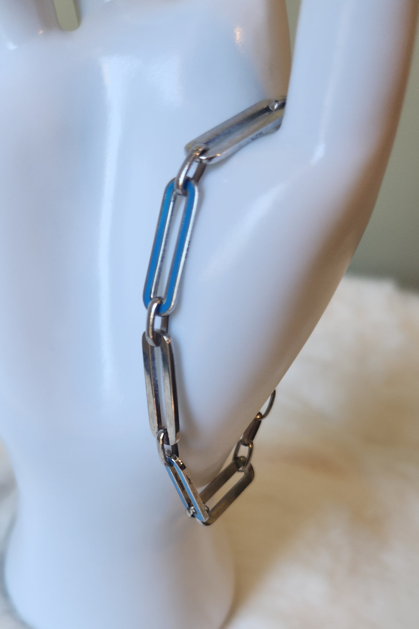 Sterling silver neon blue enamel paperclip bracelet