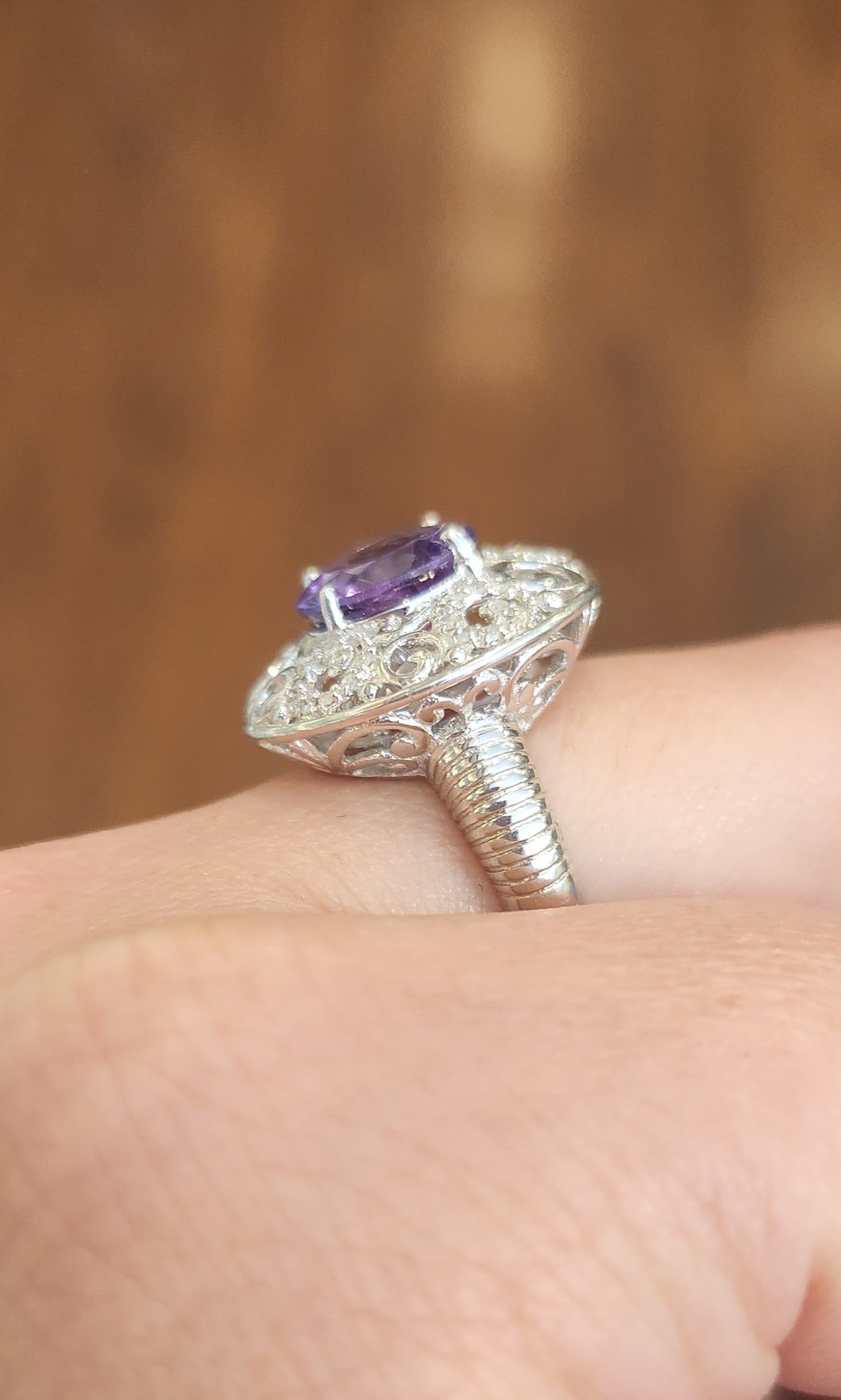 Sterling silver round amethyst filigree statement ring