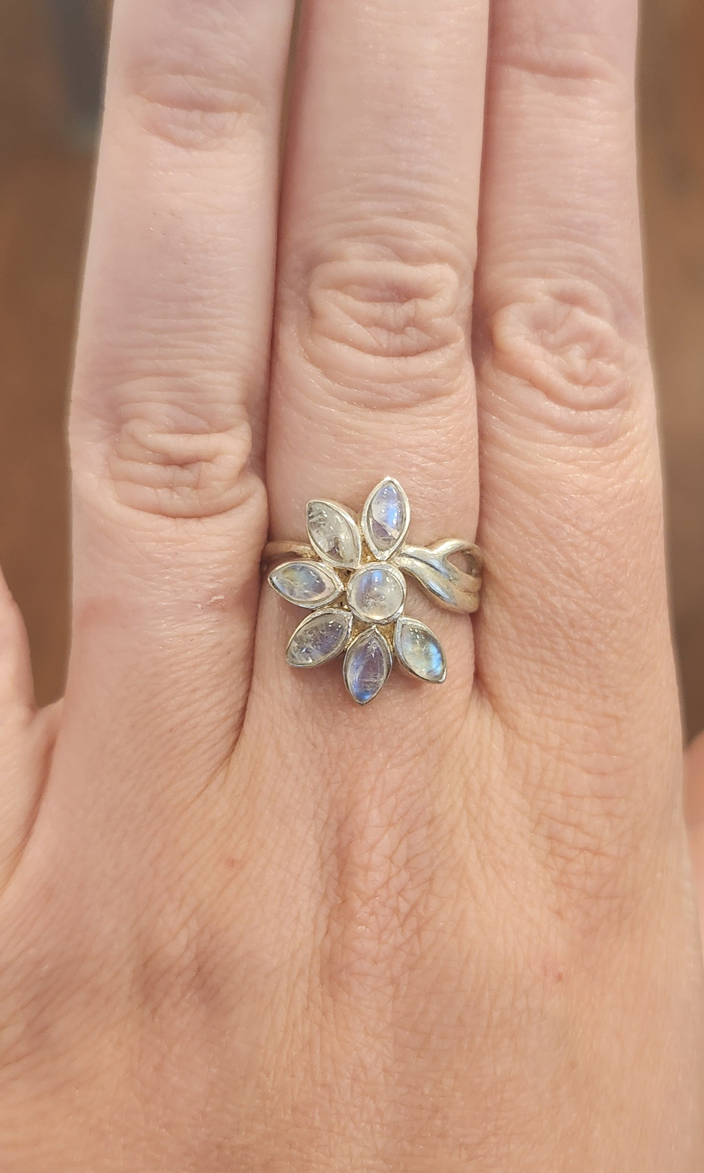 Sterling silver multi-stone rainbow moonstone flower ring