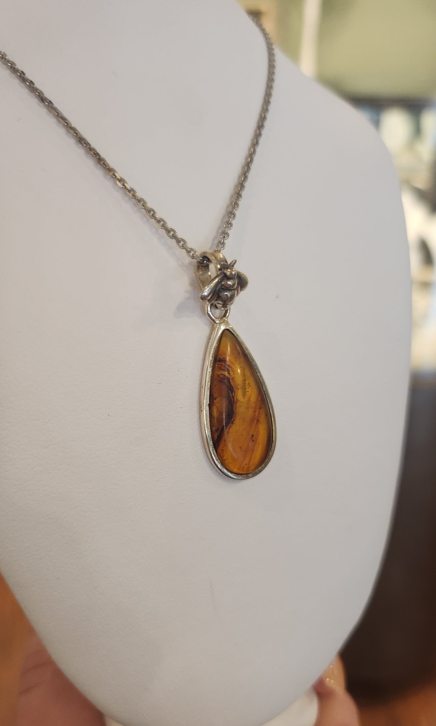 Sterling silver amber bee pendant