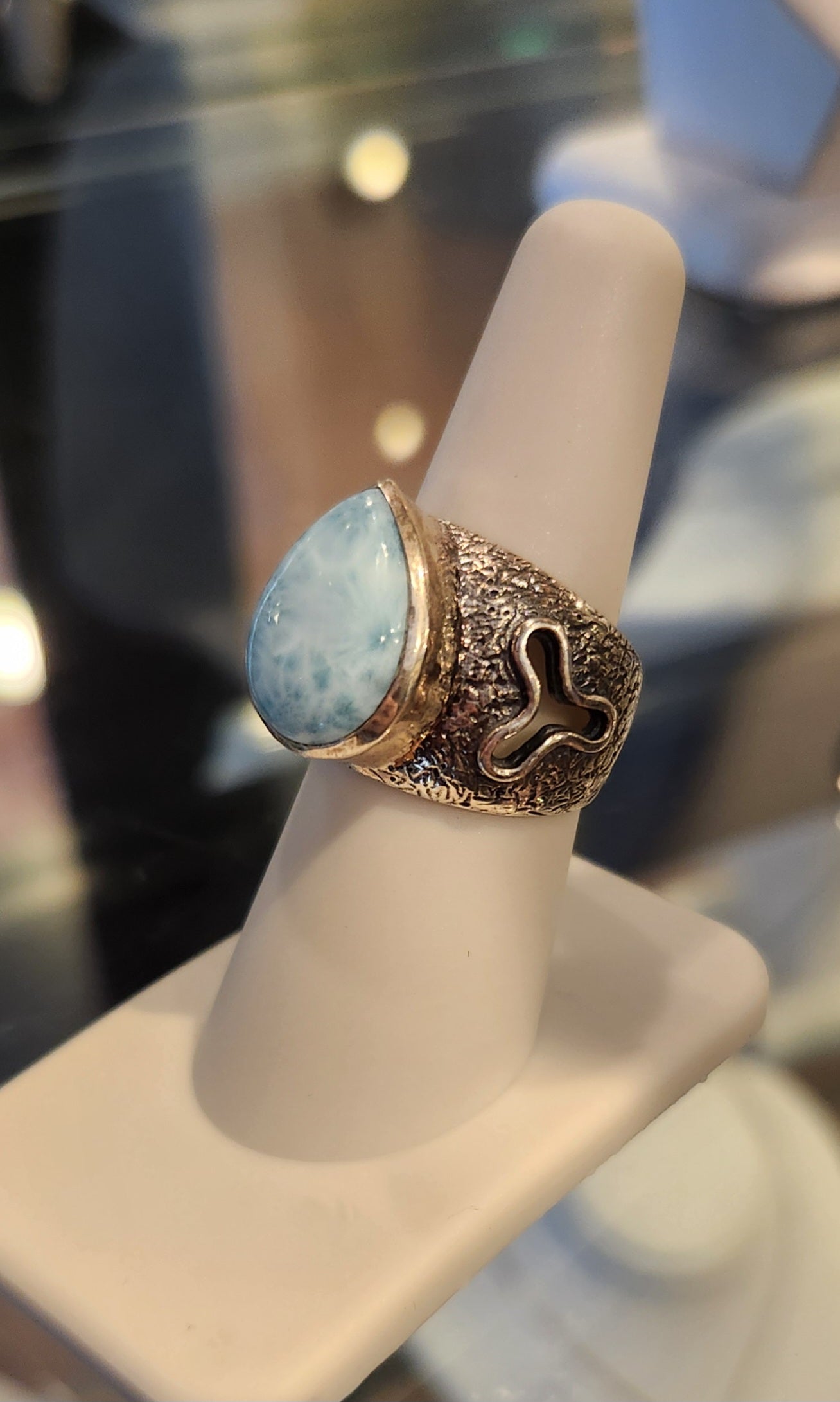 Sterling silver Atlantean rune ring with pear-shaped larimar cabochon