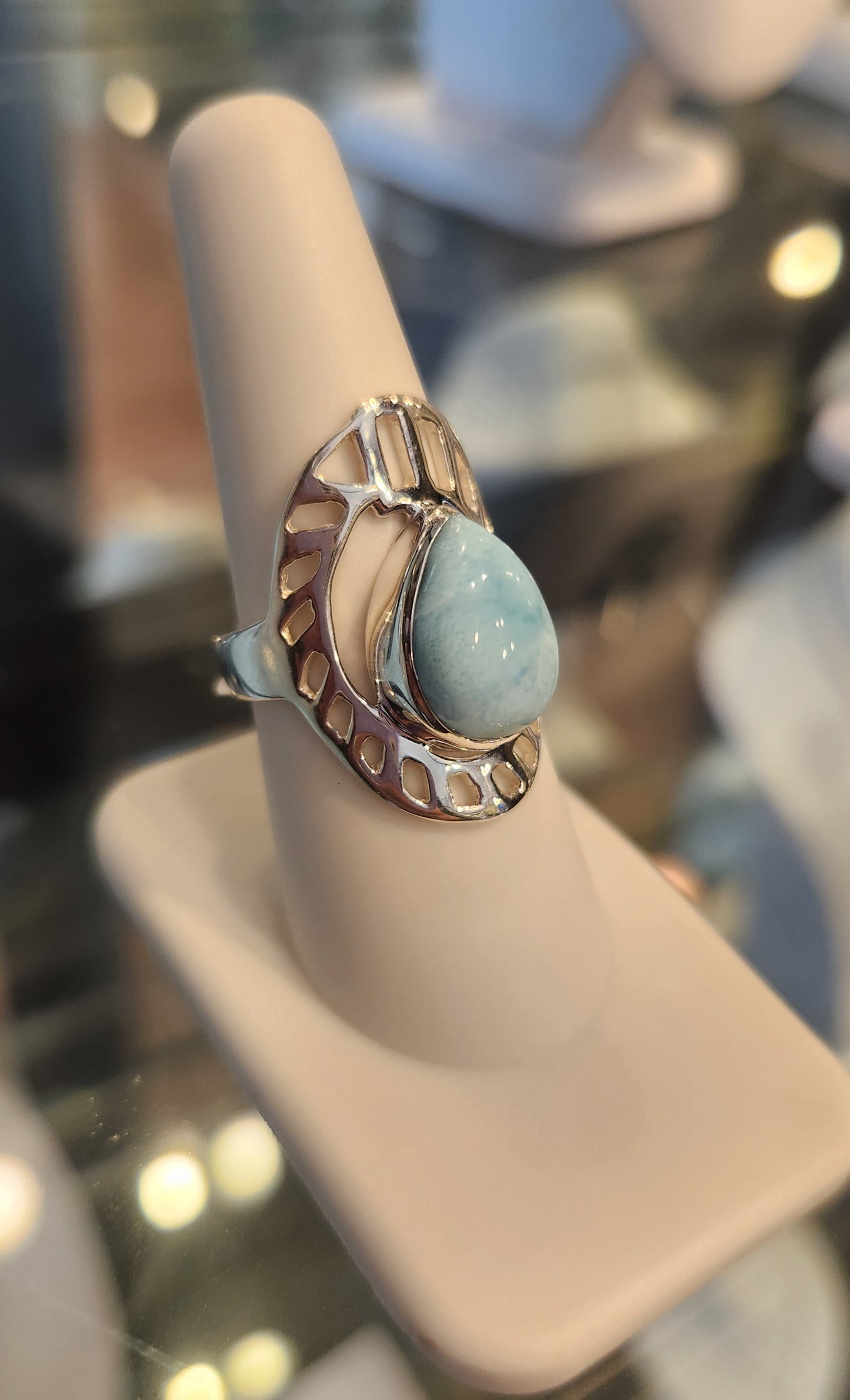 Sterling silver larimar saddle ring