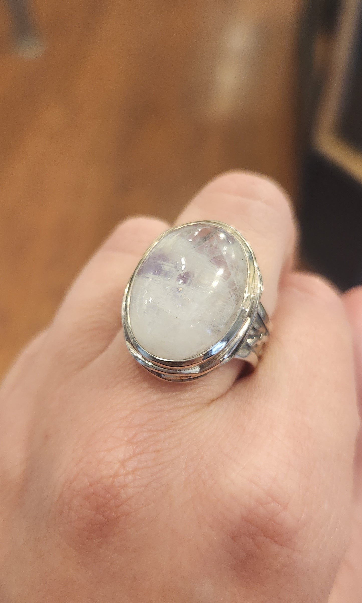 Sterling silver oval-shaped rainbow moonstone statement ring