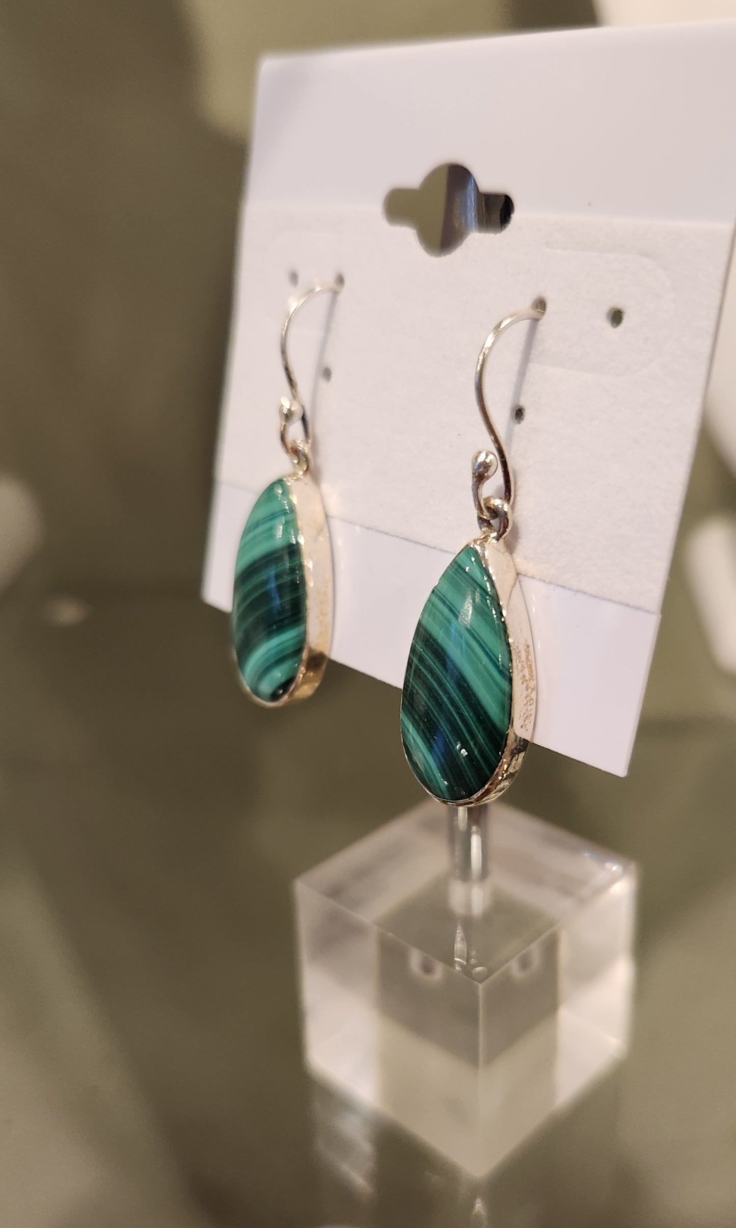 Sterling silver pear-shaped malachite earrings