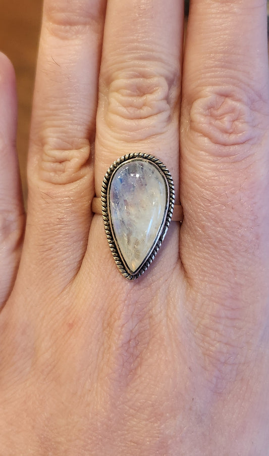 Sterling silver pear-shaped rainbow moonstone ring