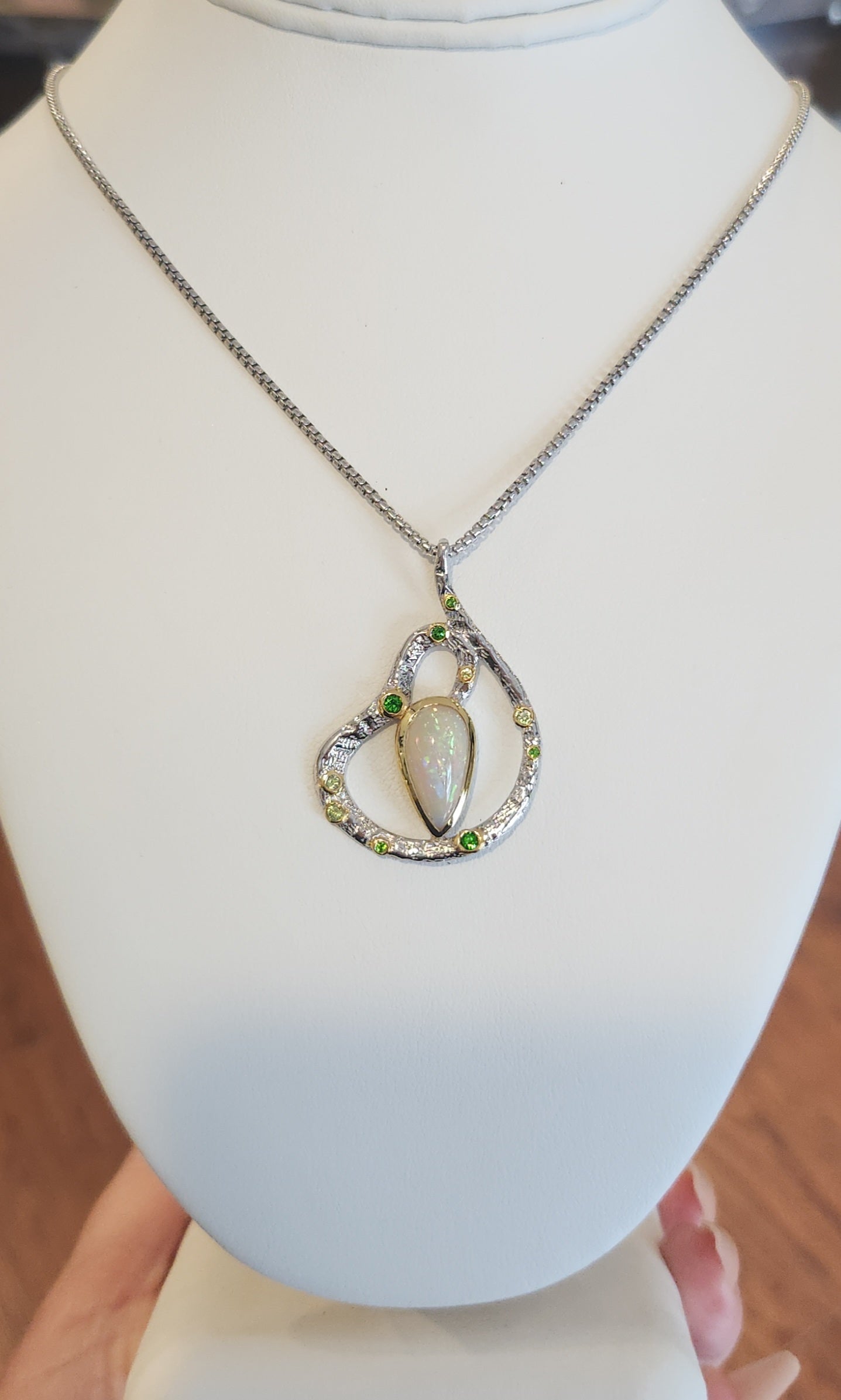 Sterling silver Ethiopian opal Swirl pendant with tourmaline