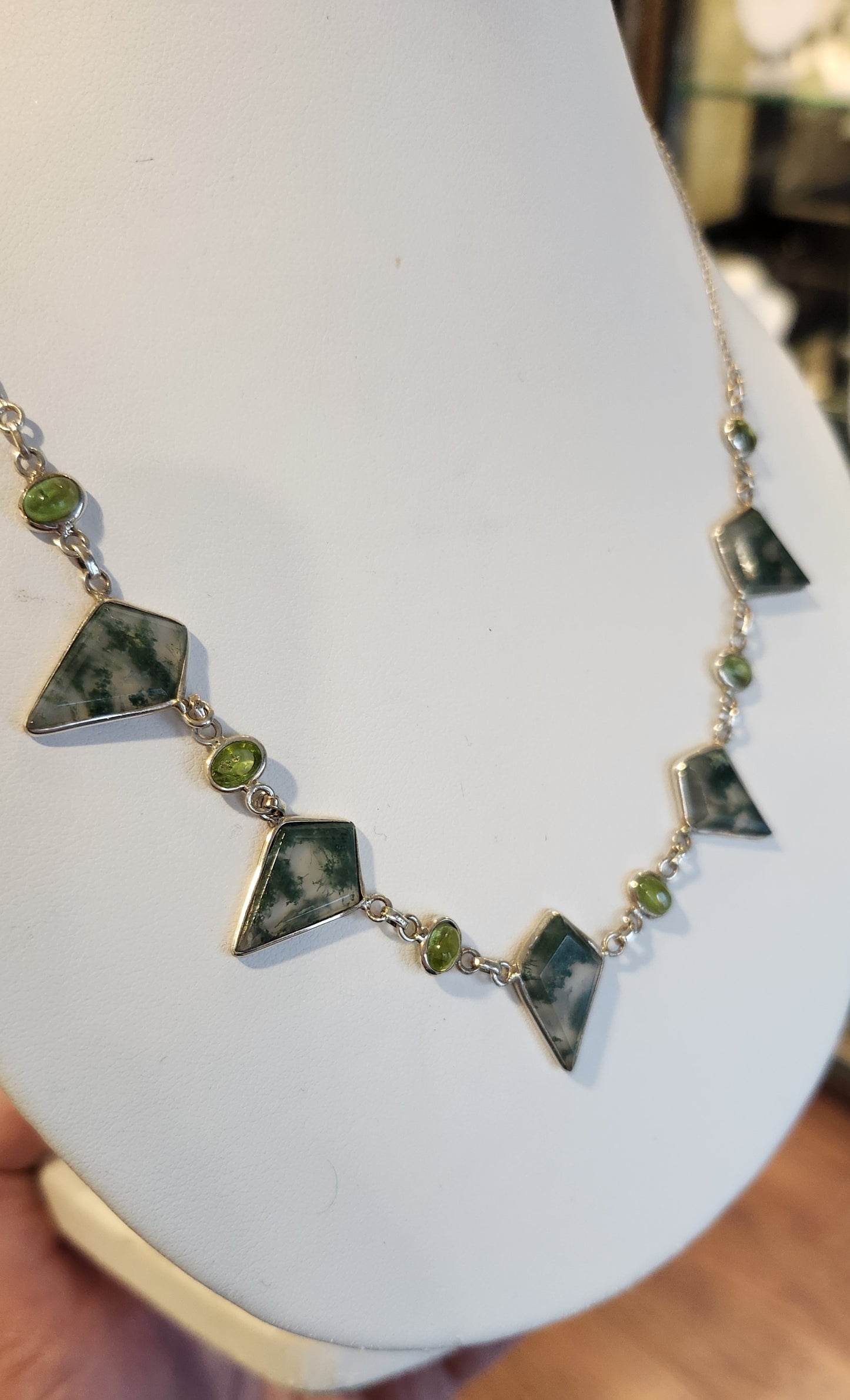 Sterling silver necklace with moss agate and peridot