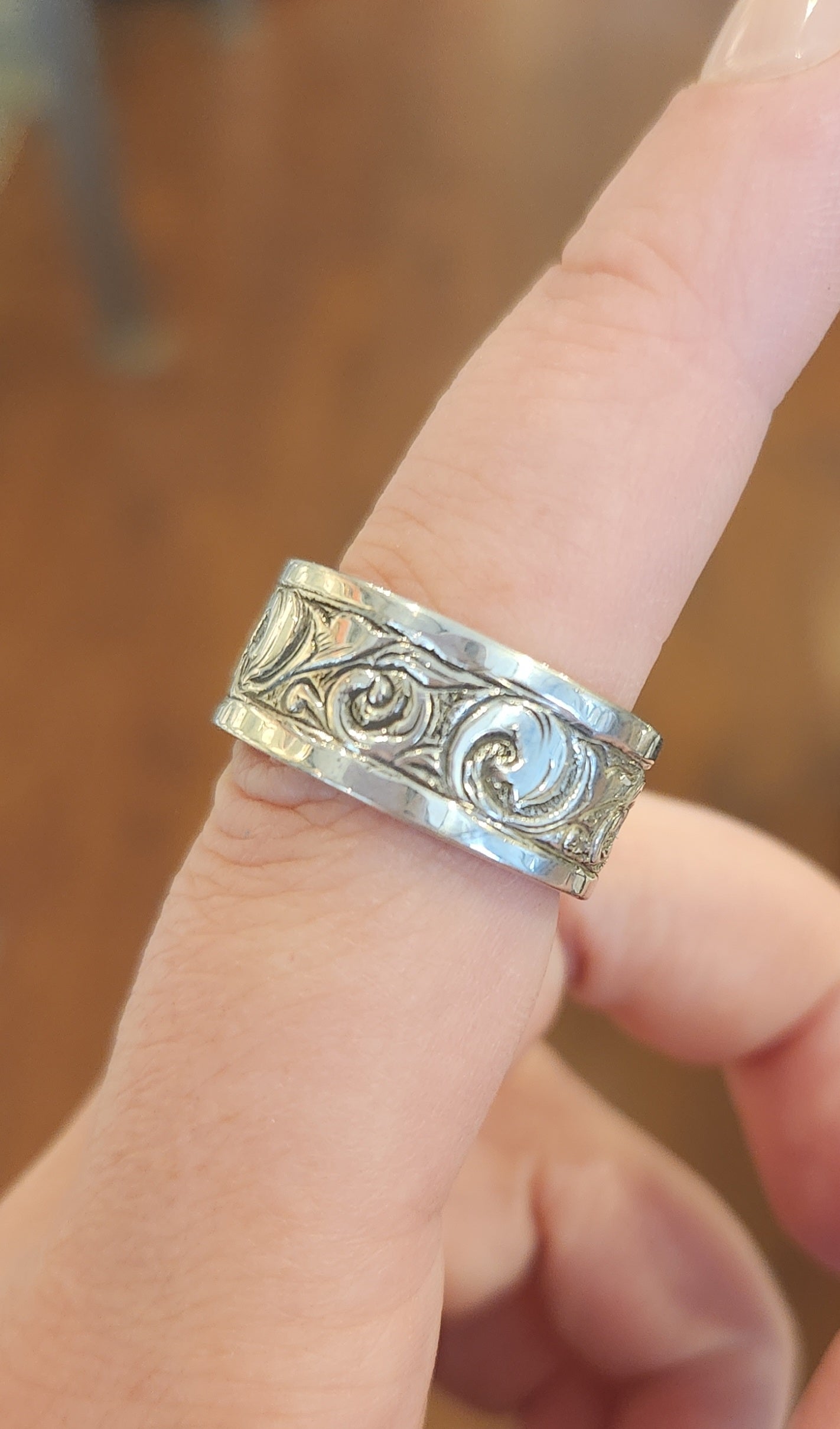 Sterling silver hand-engraved scroll work ring band