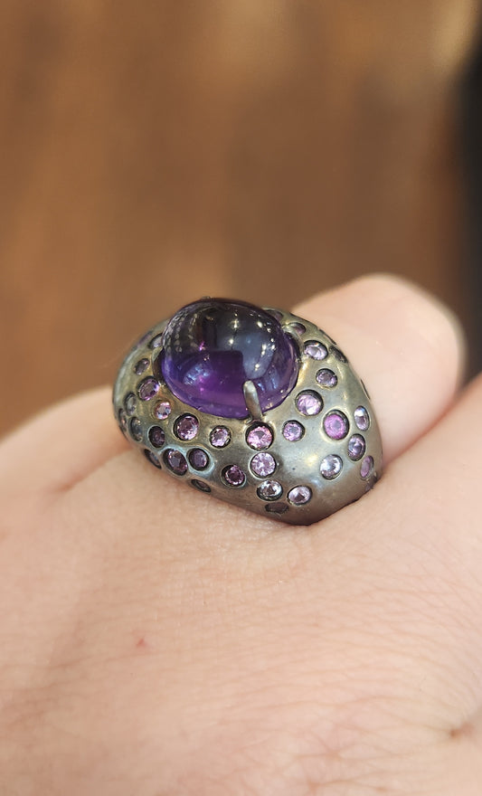 Sterling silver oxidized amethyst and tourmaline cocktail ring