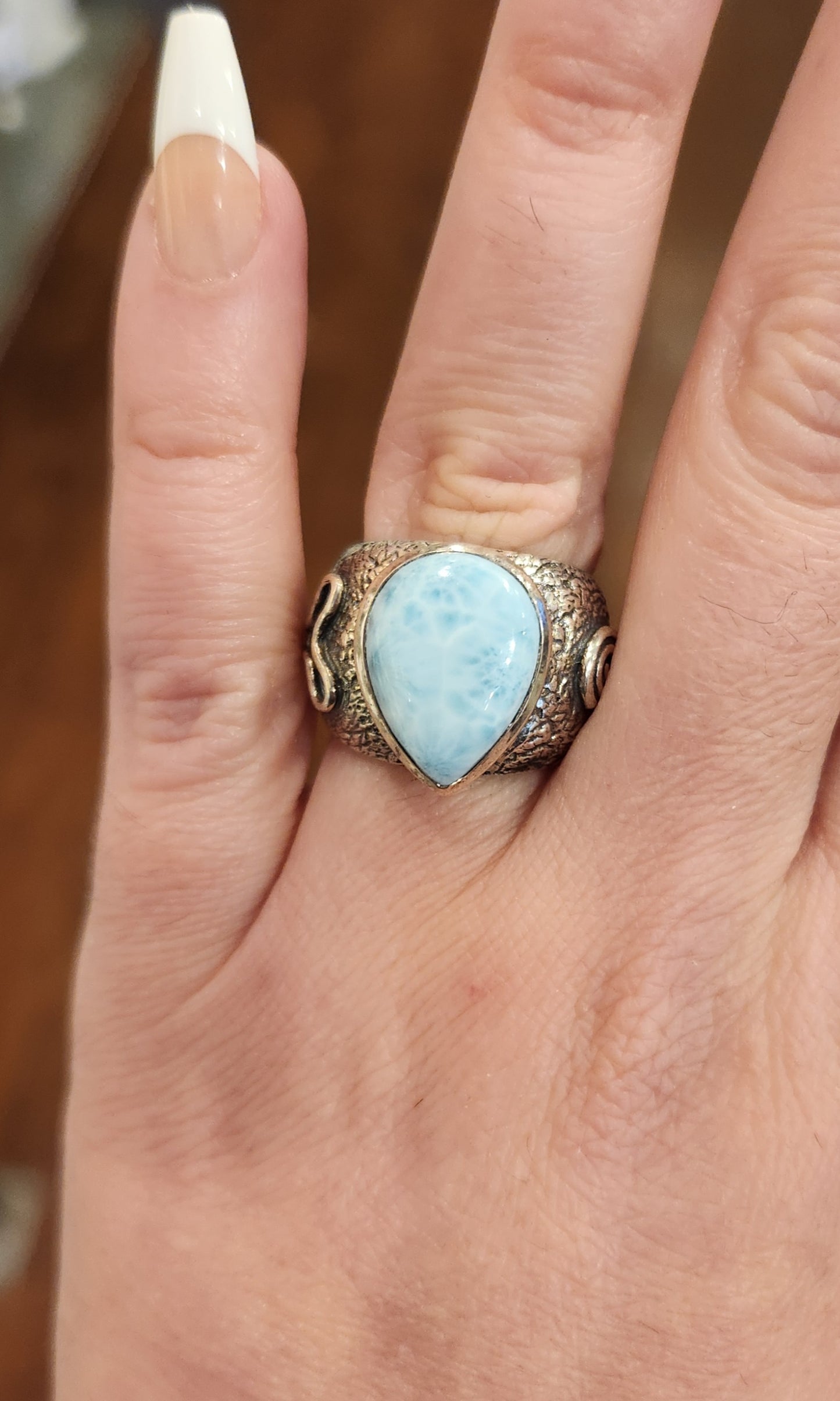 Sterling silver Atlantean rune ring with pear-shaped larimar cabochon