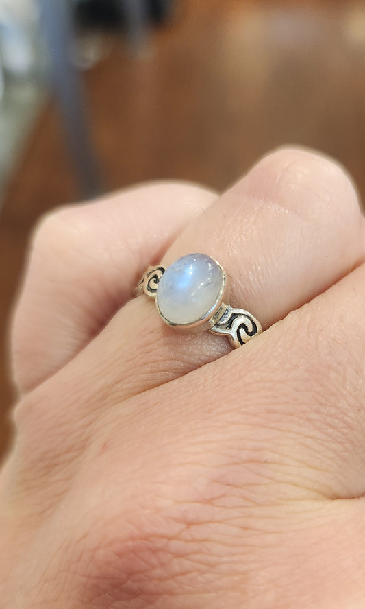 Sterling silver rainbow moonstone ring with wavy band