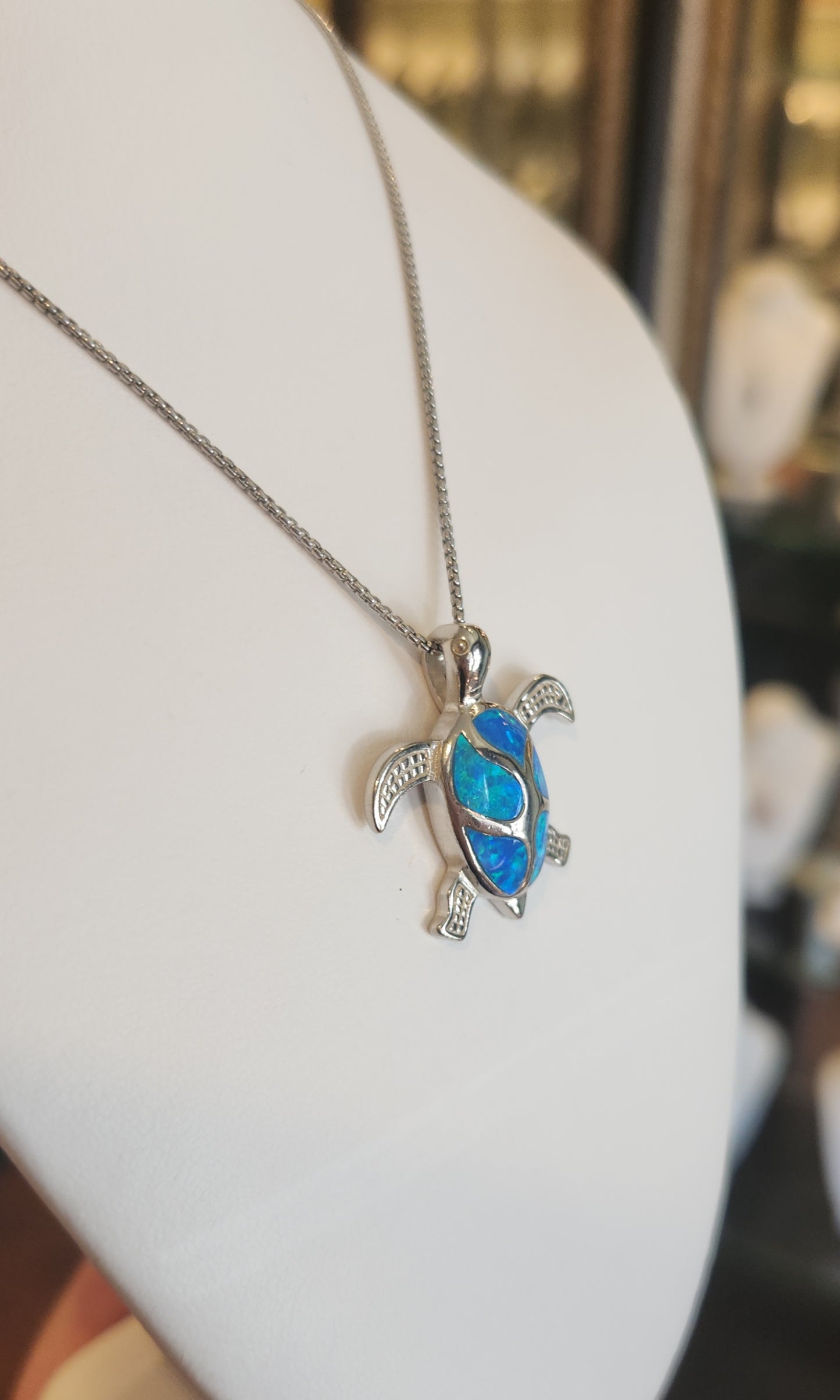 Sterling silver kyocera opal sea turtle pendant
