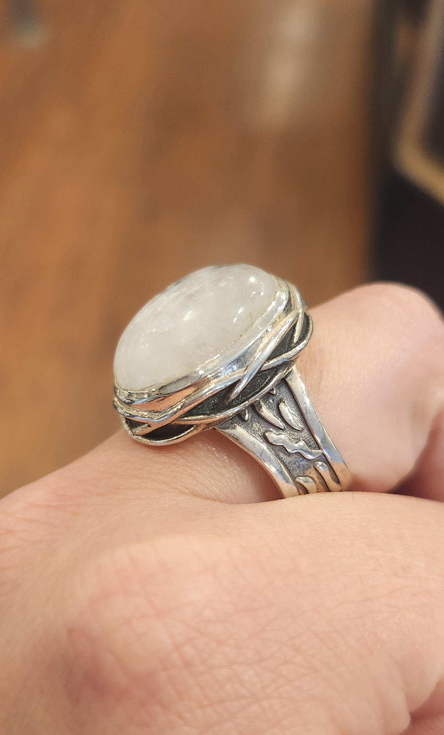 Sterling silver oval-shaped rainbow moonstone statement ring