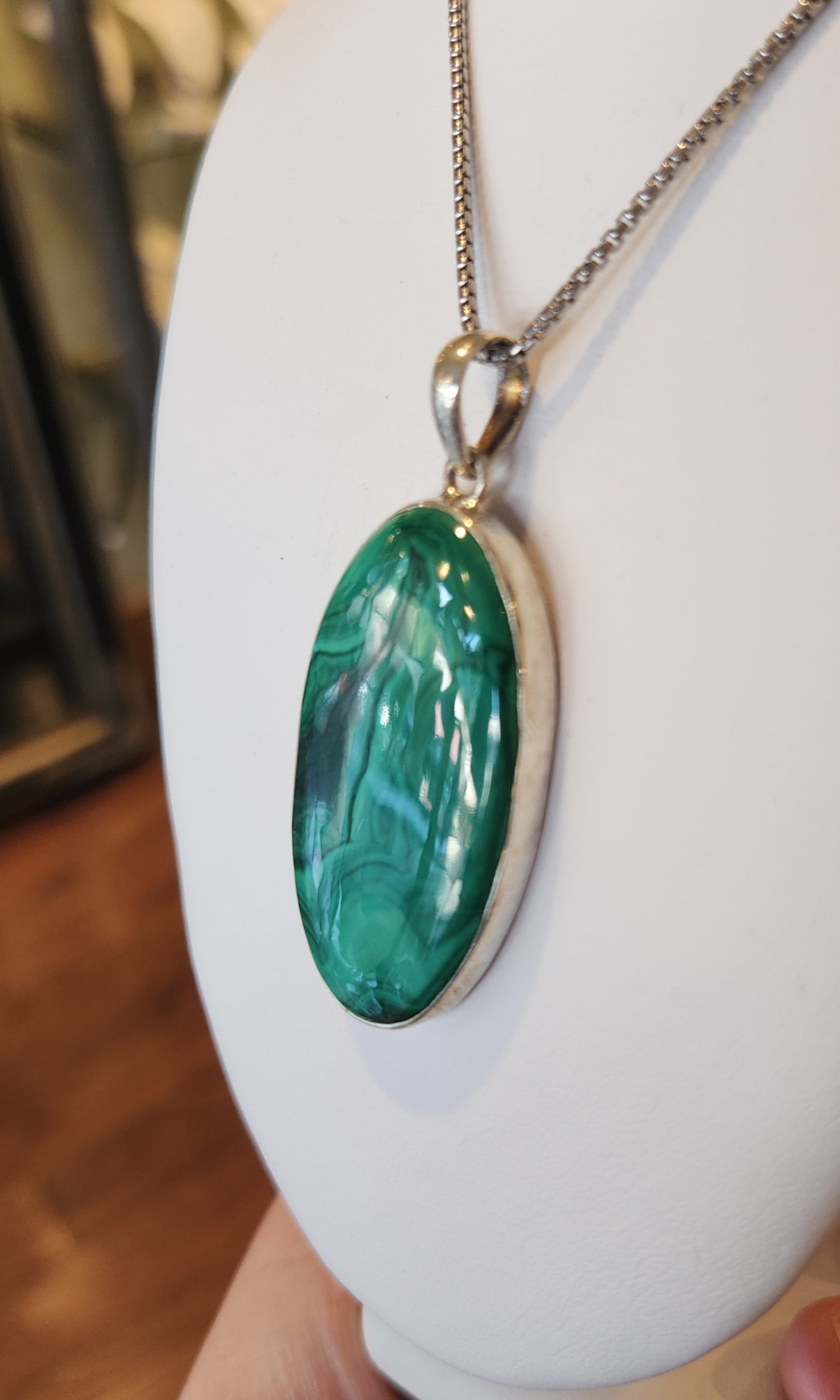 Sterling silver oval malachite statement pendant