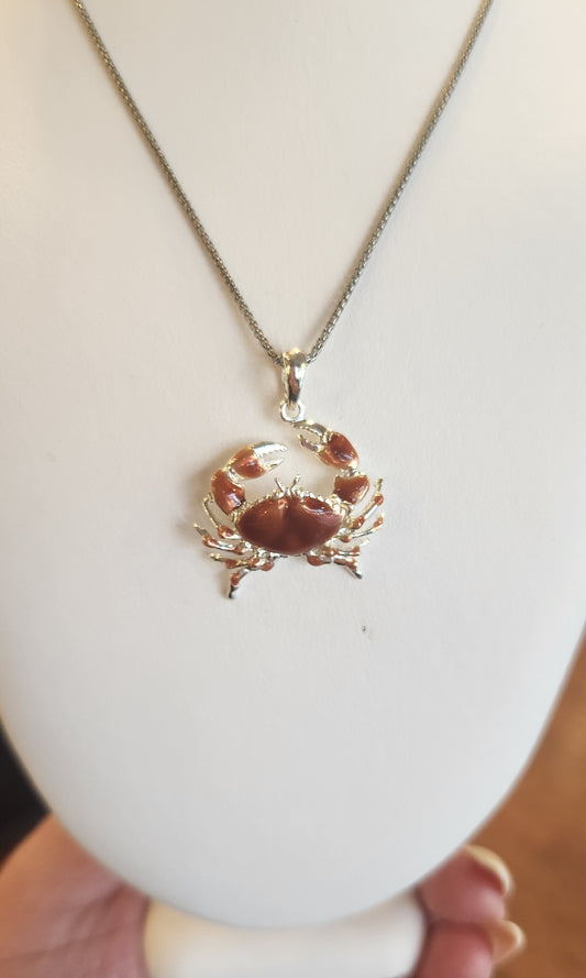 Sterling silver red enamel crab pendant