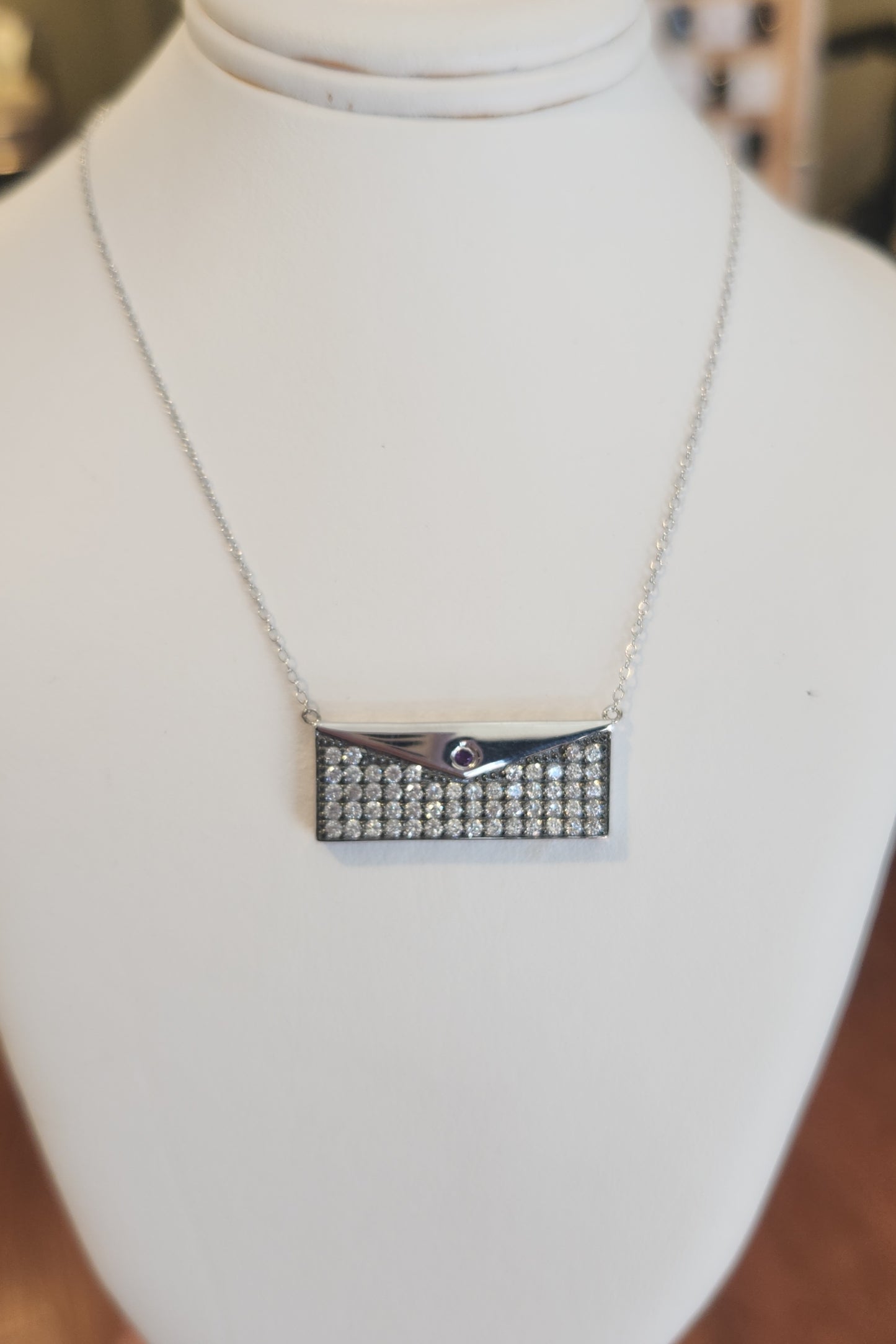 Sterling silver purse necklace with amethyst and cz