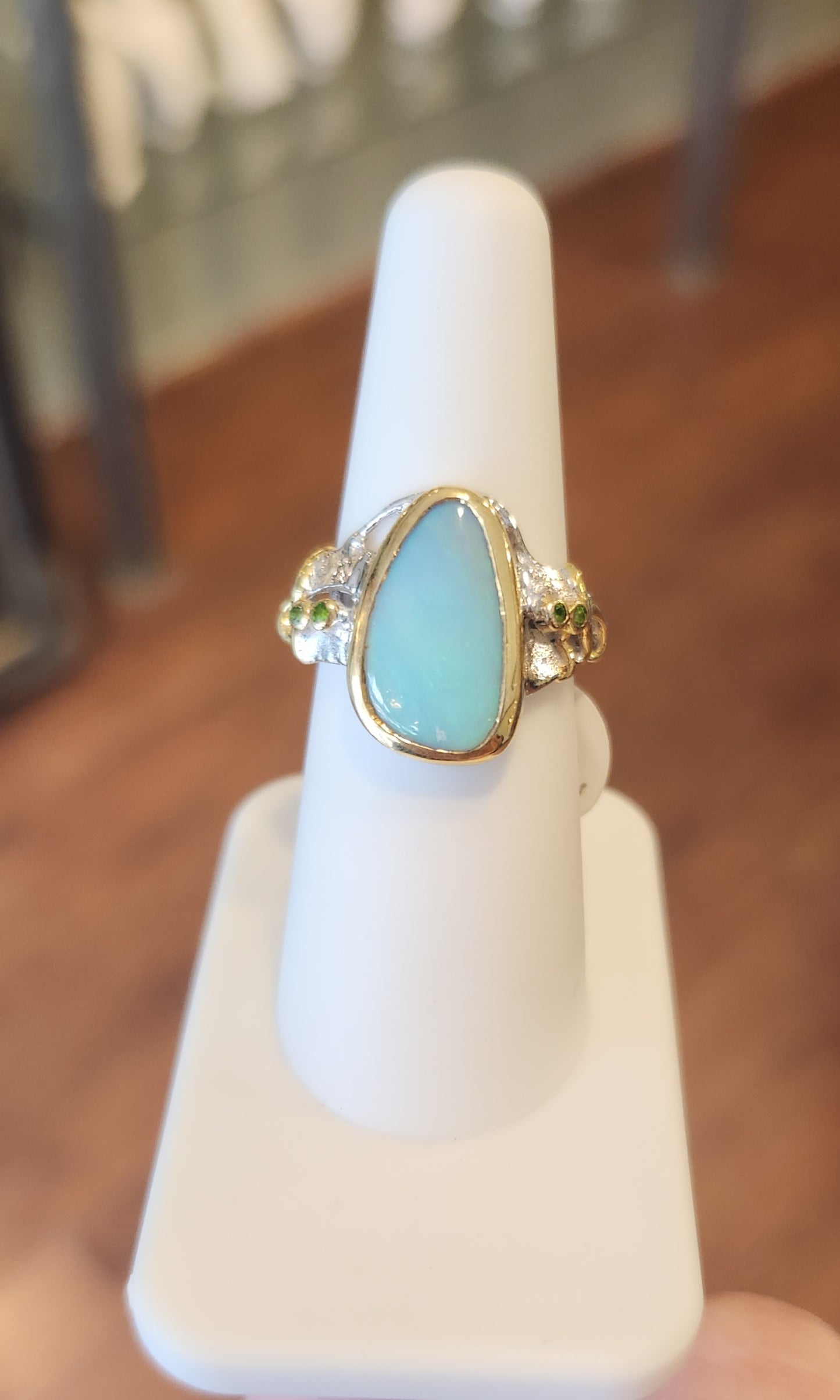 Sterling silver australian opal ring with green tourmaline