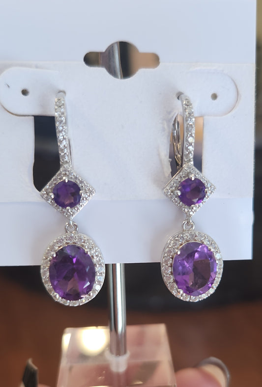 Sterling silver amethyst diamond dangle earrings