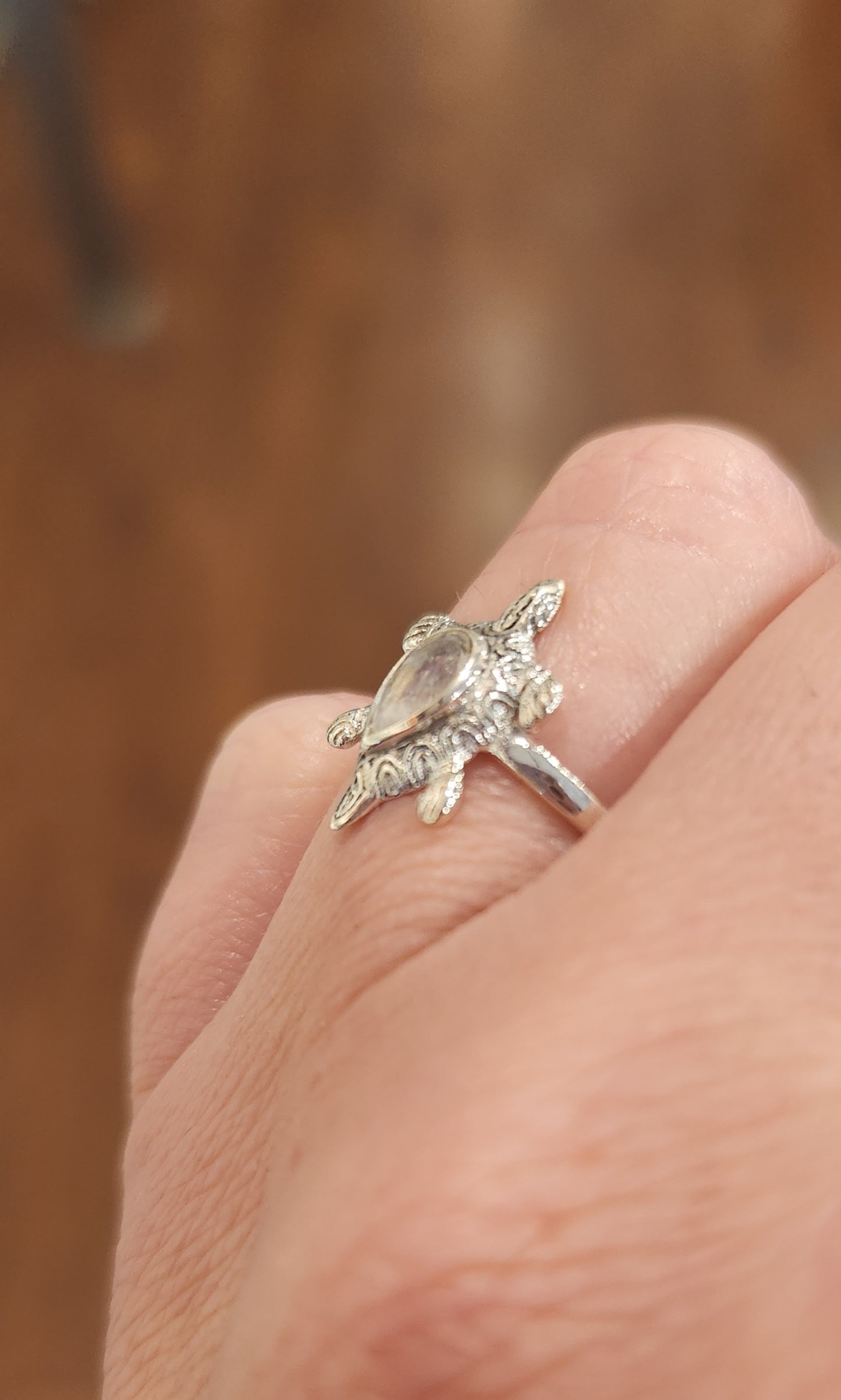 Sterling silver rainbow moonstone turtle ring