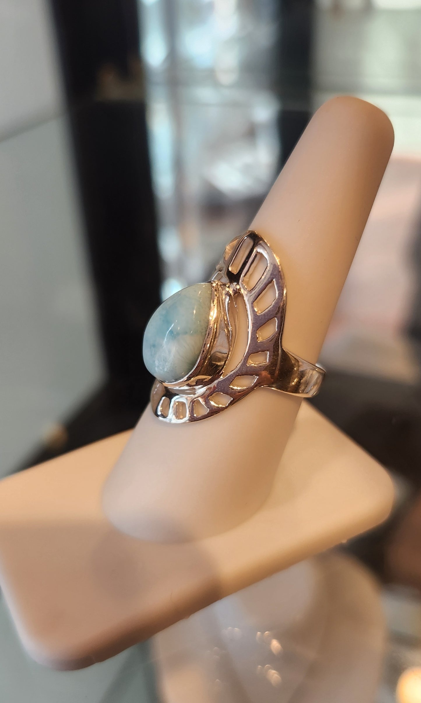 Sterling silver larimar saddle ring