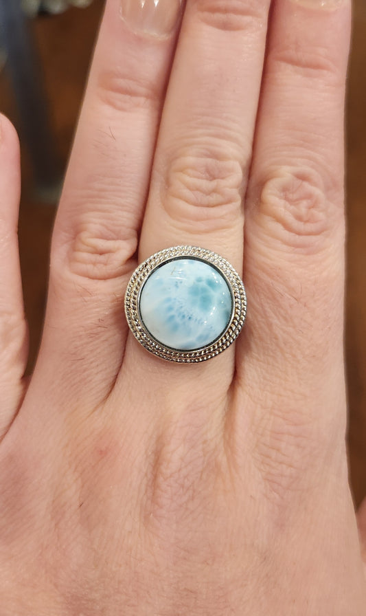 Sterling silver ring with round larimar cabochon