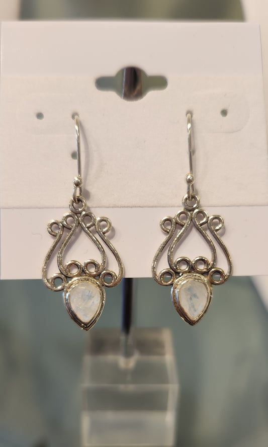 Sterling silver rainbow moonstone dangle earrings