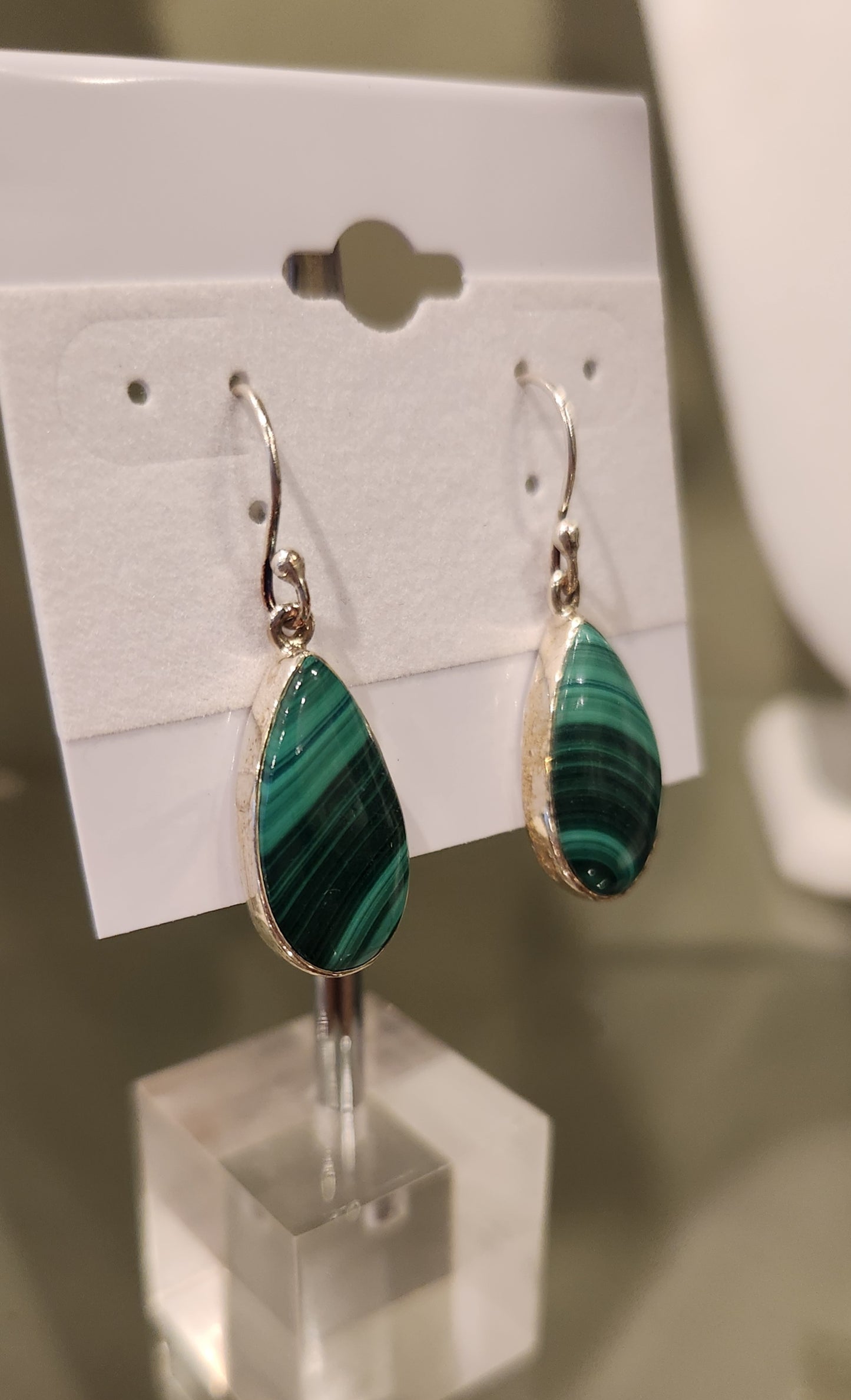 Sterling silver pear-shaped malachite earrings