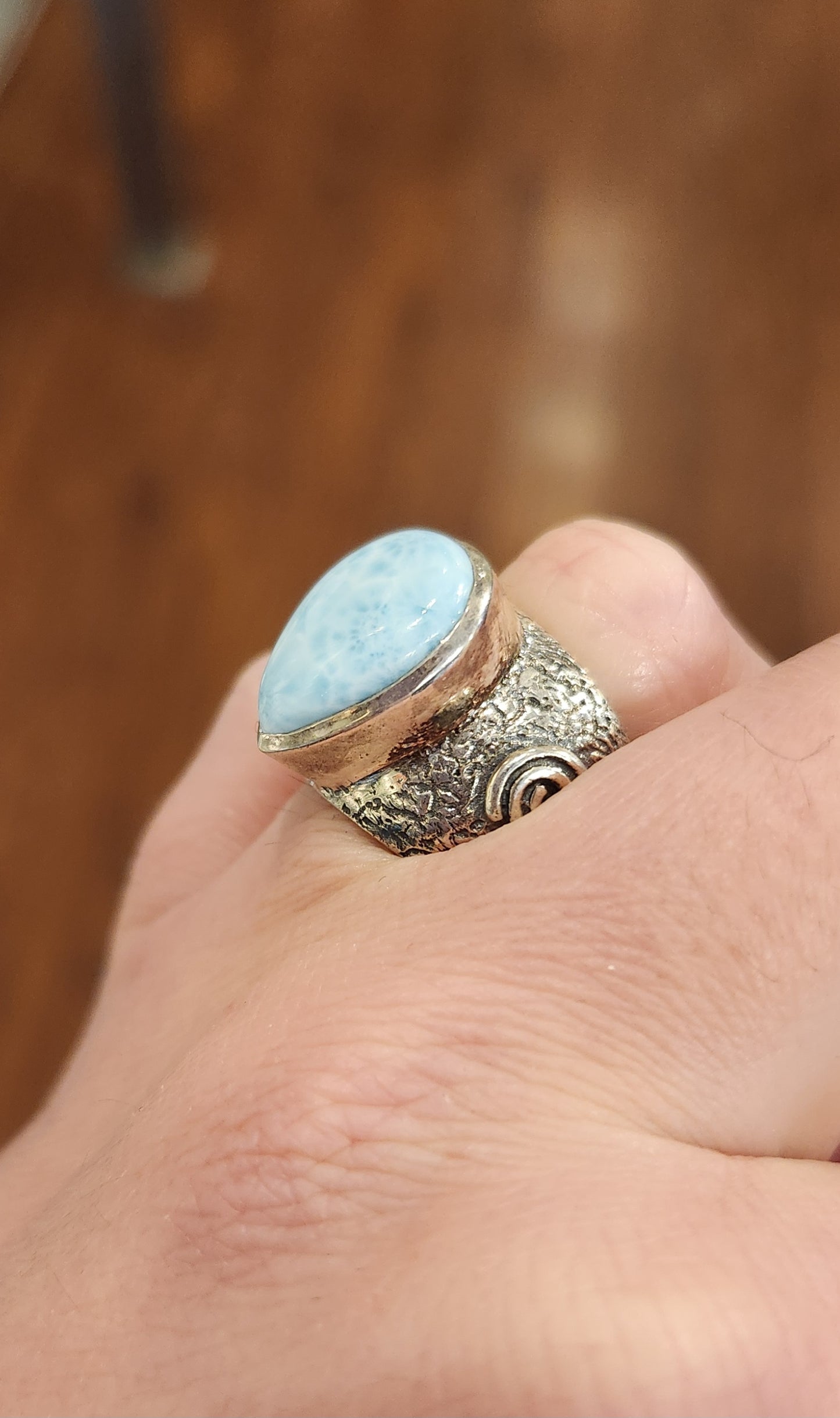 Sterling silver Atlantean rune ring with pear-shaped larimar cabochon