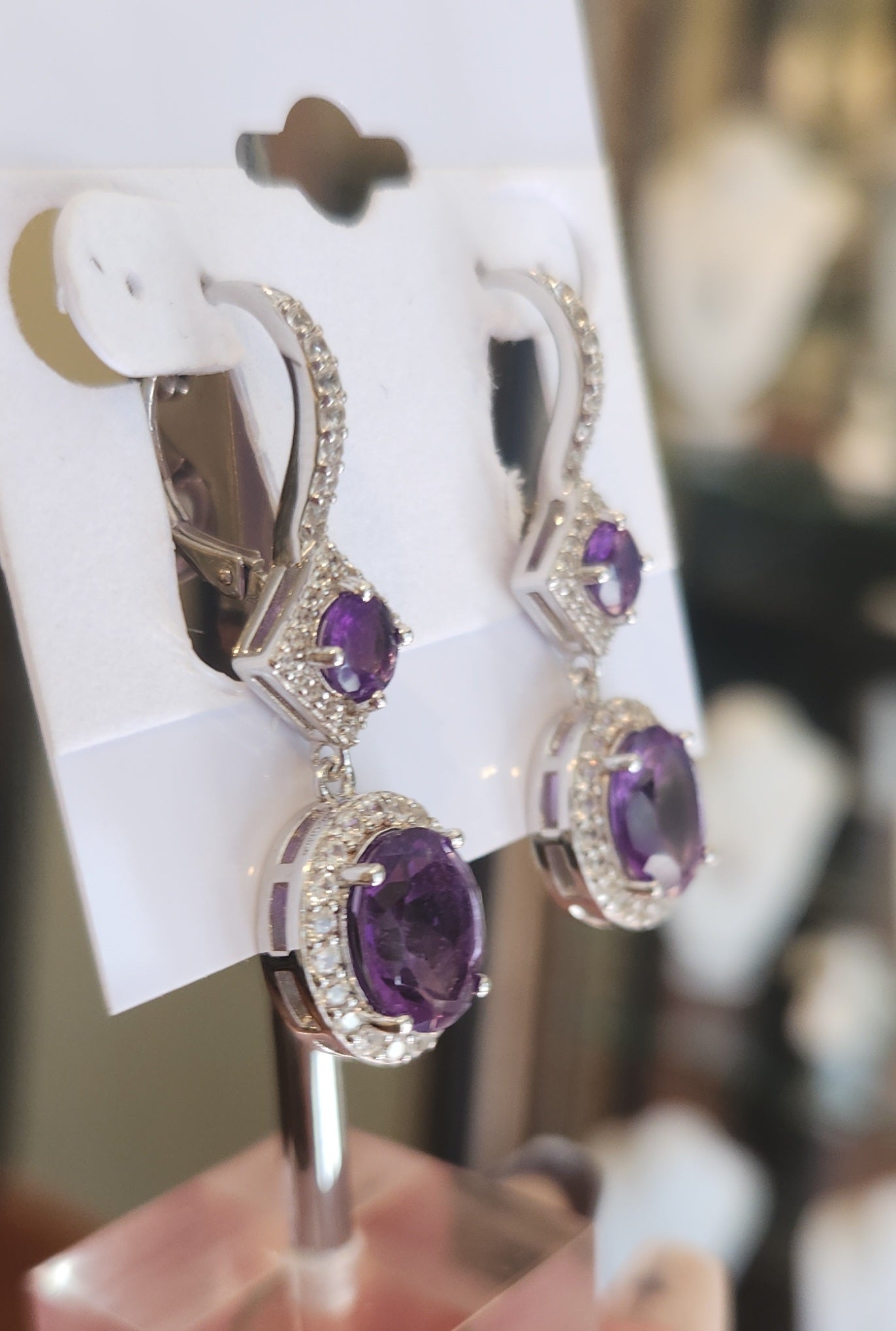 Sterling silver amethyst diamond dangle earrings