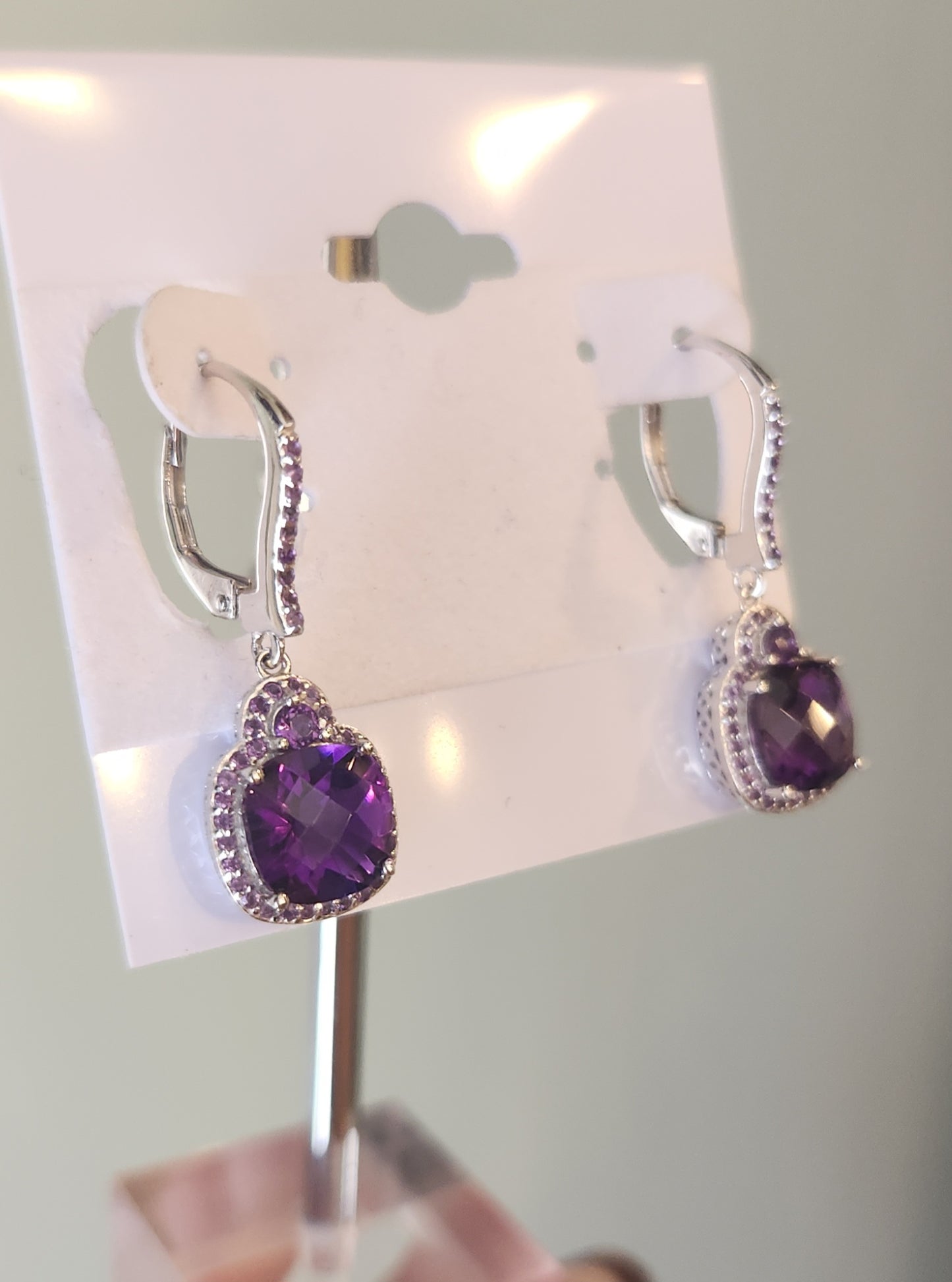 Sterling silver multi-stone square-shaped amethyst dangle earrings