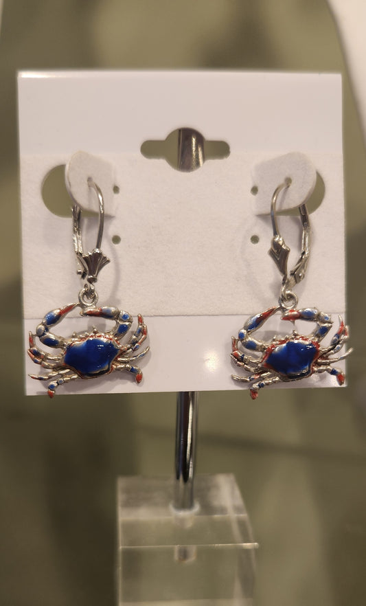 Sterling silver blue & red enamel crab earrings