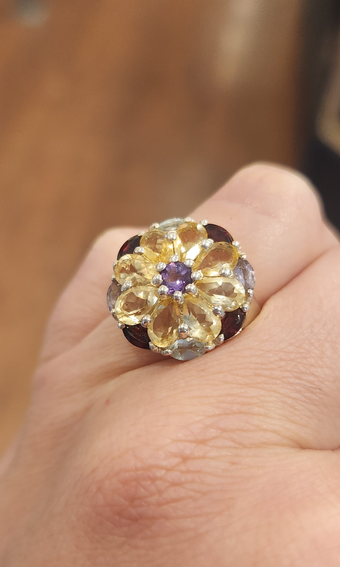 Sterling silver semi-precious multi-stone flower ring