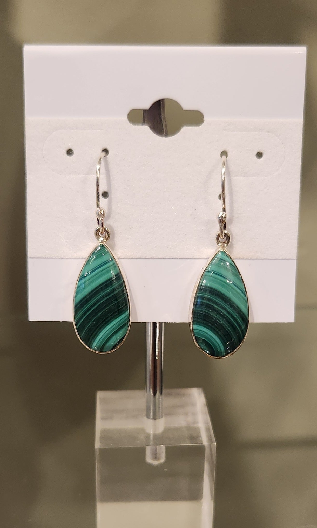 Sterling silver pear-shaped malachite earrings