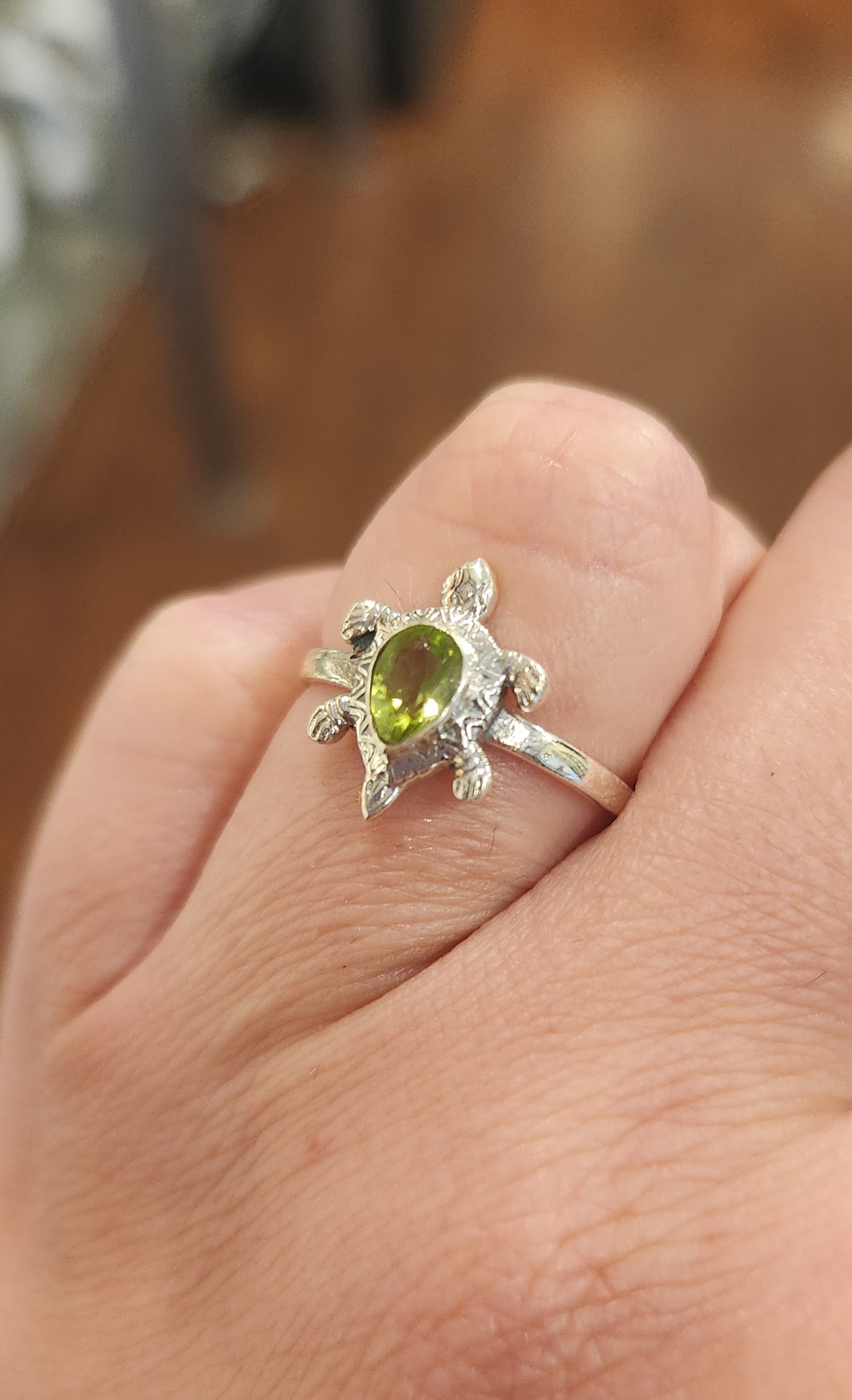 Sterling silver peridot turtle ring