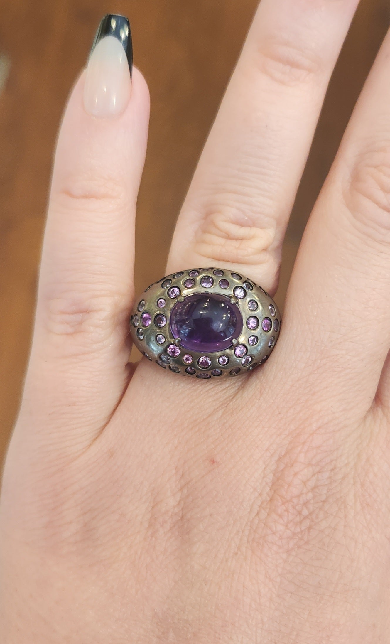 Sterling silver oxidized amethyst and tourmaline cocktail ring