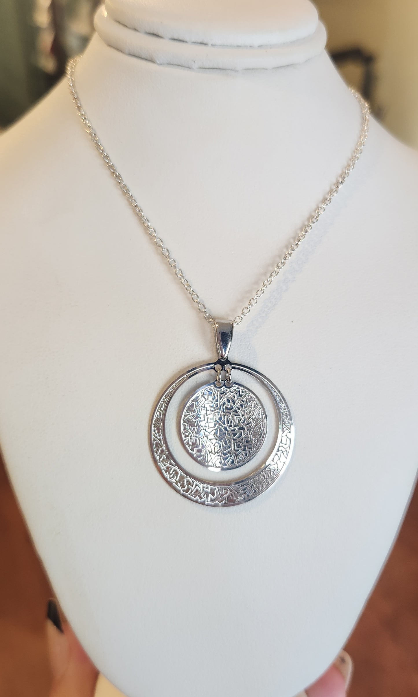 Sterling silver textured round disk pendant