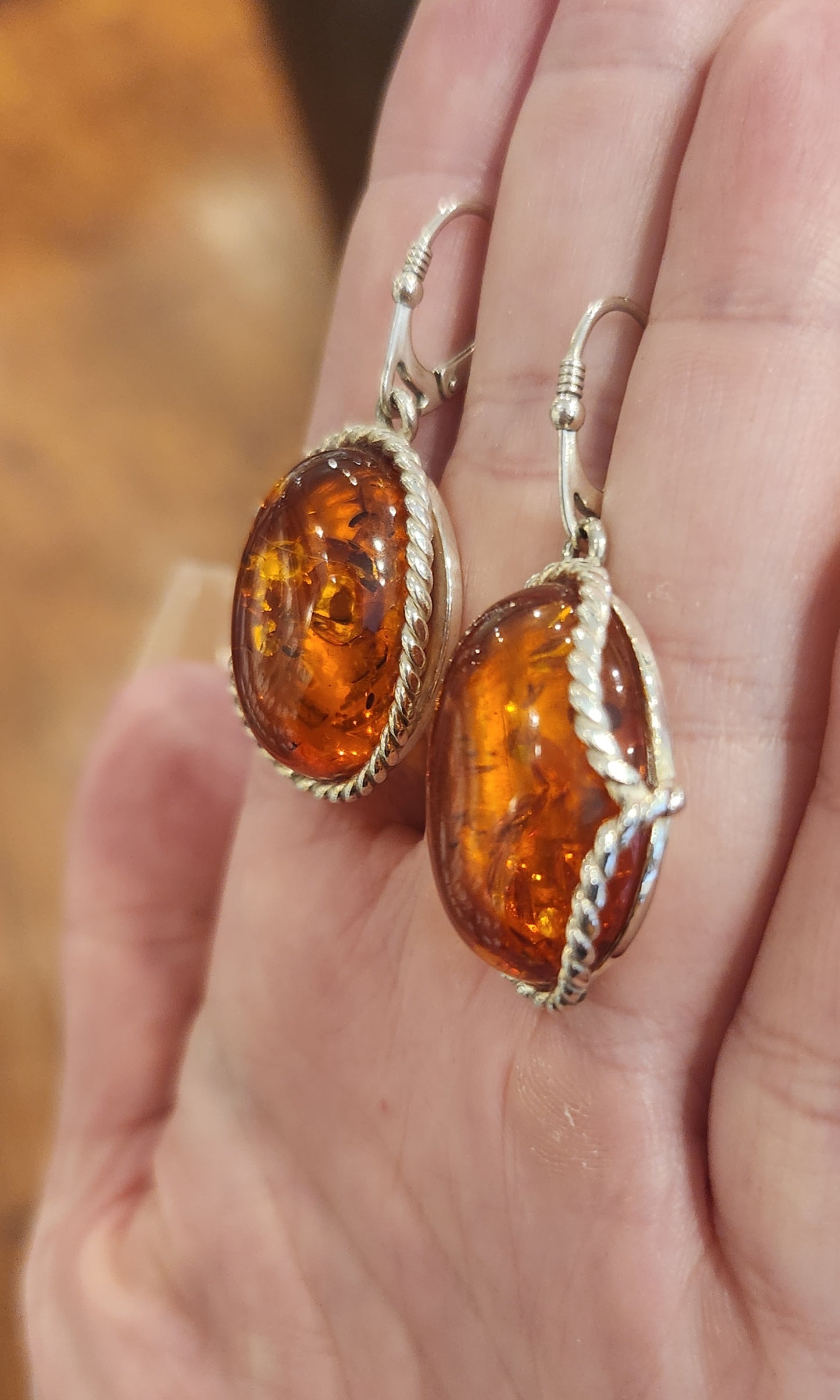 Sterling silver large Baltic amber dangle earrings