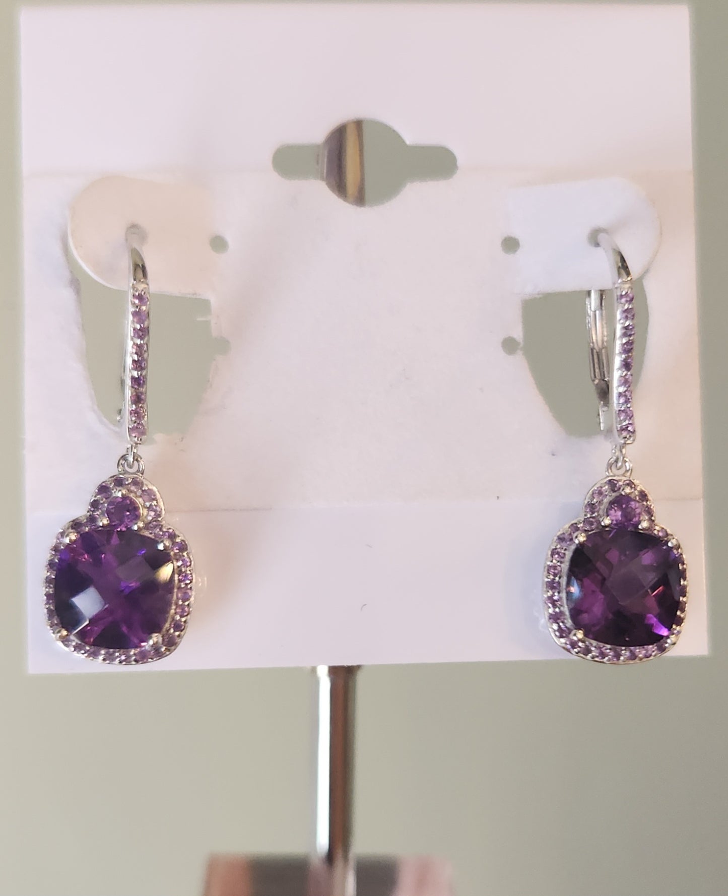 Sterling silver multi-stone square-shaped amethyst dangle earrings