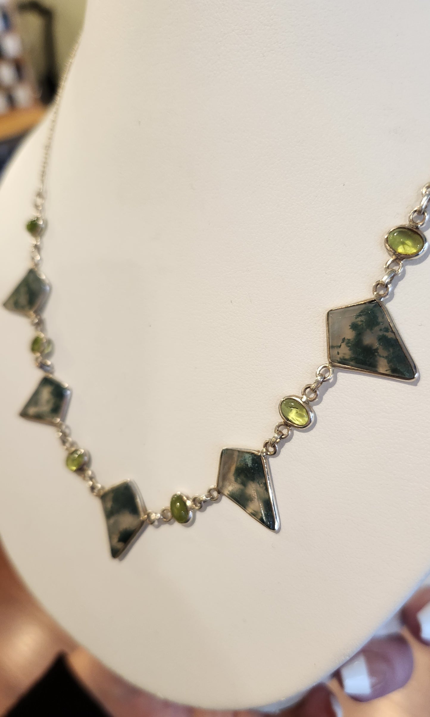 Sterling silver necklace with moss agate and peridot