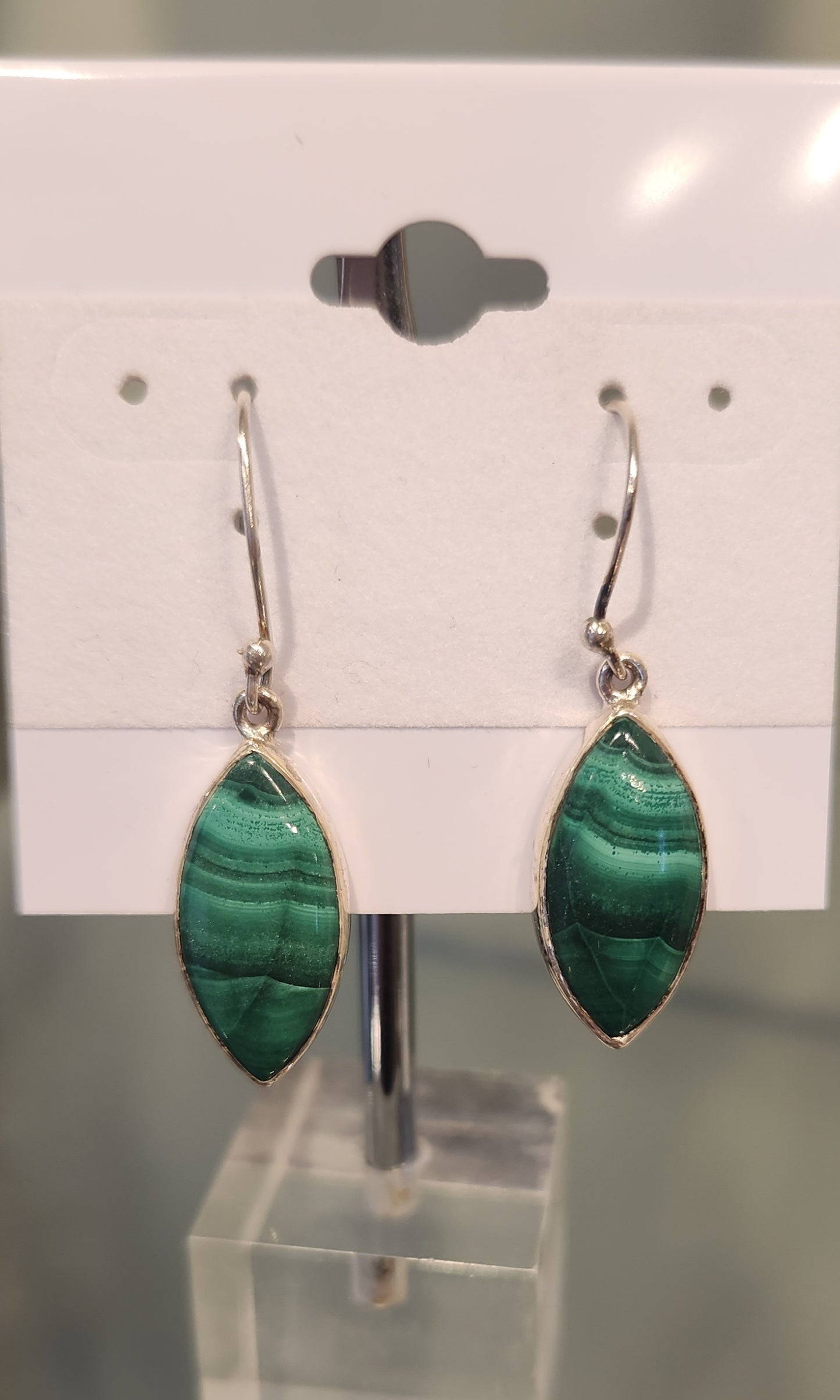 Sterling silver marquis-shaped malachite earrings